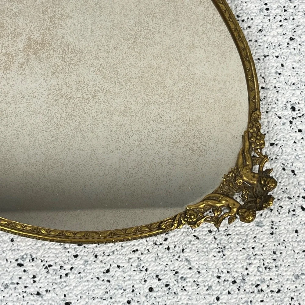 Hollywood Regency Vanity Mirror Tray Vintage Gold Tone Metal Ornate Cherub Oval